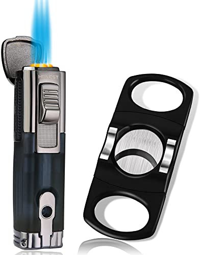 PROMISE Triple Jet Flame Lighter With Cigar Cutter Gift Set - Refillable Butane, Not Included (Black+Cutter)