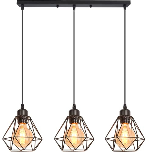 iDEGU 3 Luces Lámpara Colgante Vintage Industrial Iluminación Colgante E27 Retro Pantalla Diseño Jaula de Metal 16cm Luz Colgante Lámpara de Techo para Comedor Dormitorio Cocina Salón (Negro, Barre)