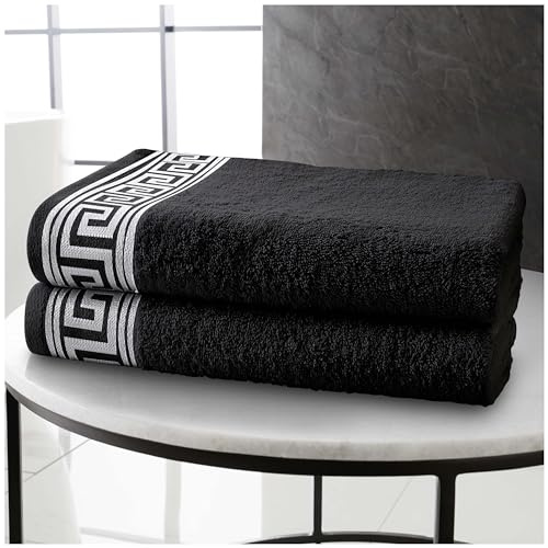 GC GAVENO CAVAILIA Greek Key 2 Pack Jumbo Bath Sheets, Black, 80x170 cm | 2 Pack, Extra Large 500 GSM, Quick Drying Absorbent Finish, Soft Egyptian Cotton Fabric, Super Jumbo Bath Sheet Set