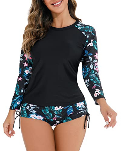 Traje de Baño 2 Piezas para Mujer Rashguard con Protección UV UPF 50+ Camiseta de Natación de Manga Larga con Shorts de Baño