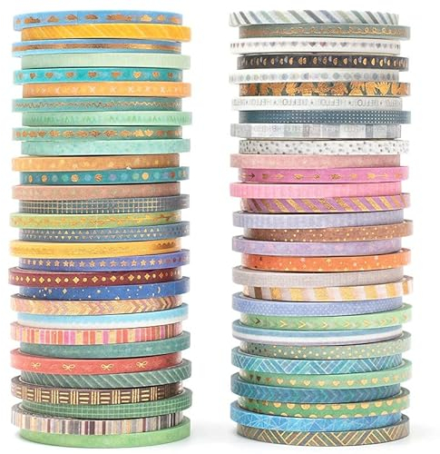 YUBX 60 Rollen Dünn Washi Tape Set Masking Tape Goldfolie Dekoratives Klebeband Bunt für DIY Handwerk, Bullet Journals, Planer, Scrapbooking, Verpackung