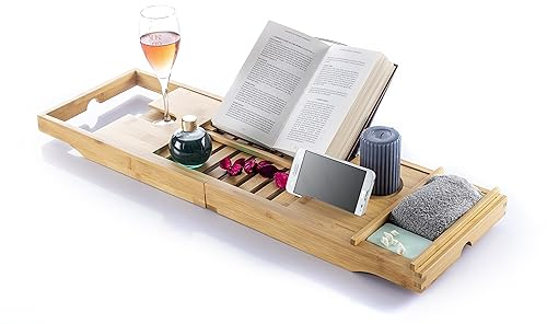 InnovaGoods - Plateau de Baignoire Bambou Extensible, Confort Spa Maison, Antidérapant, Support Livre/Tablette/Smartphone et Verre, Marron, Standard, Bambou