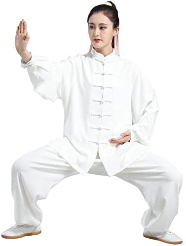 Tai-Chi-Kleidung für Herren und Damen, Kampfsportanzug, Kung-Fu-Uniform, Übungskleidung, Taijiquan-Aufführungskleidung, lockere, langärmlige chinesische Stil-Meditation, White-XXS (White XL)