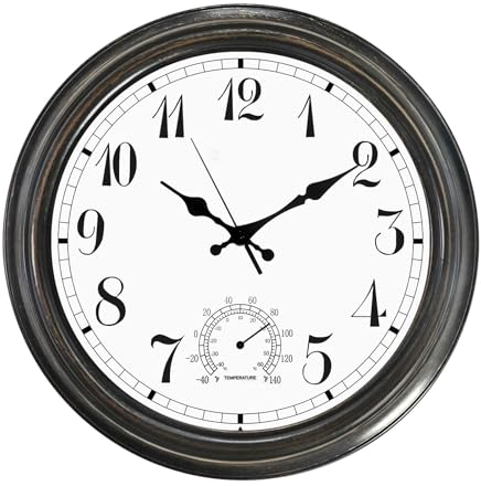 eYotto 16inch große Gartenuhren Outdoor wasserdicht, 40cm große Wanduhr mit Thermometer, wetterfest Nicht tickende batteriebetriebene Vintage-Dekor-Uhr für Terrasse, Pool, Lanai, Zaun, Veranda