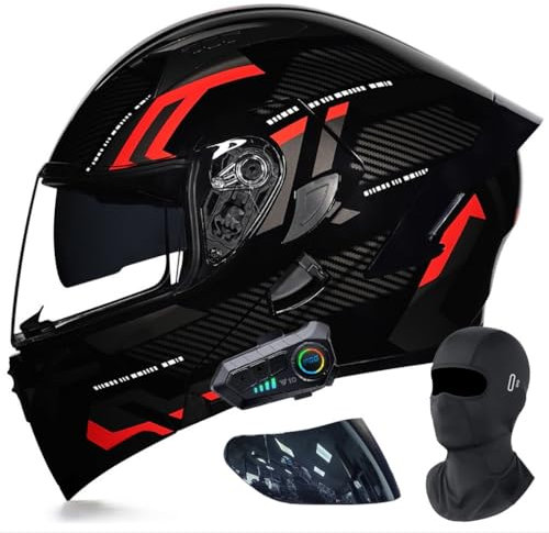 Klapphelm mit Bluetooth Doppelvisier Modularer Helm Mit Gesichtsmaske Geliefert ECE Zertifiziert Motorradhelm Abnehmbares Futter mit Eingebautem Mikrofon für Automatische Reaktion