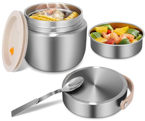 XUANHONG-TECH Thermobehälter für Essen 1200ml – Auslaufsichere Edelstahl Thermoschüssel mit Deckel & Löffel, Thermo Lunchbox für Suppe, Babybrei & Porridge, Warmhaltebehälter für Unterwegs (Silber)