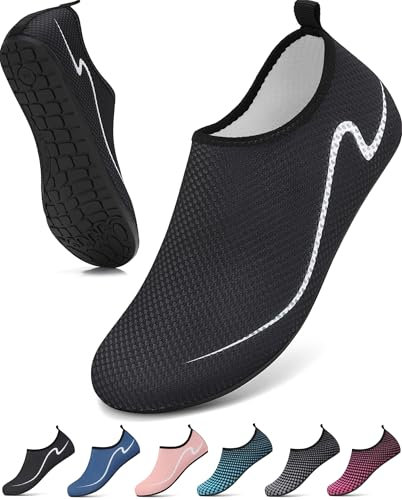 VOLHAL Badeschuhe Damen Wasserschuhe Herren Schwimmschuhe Schnell Trocknend Strandschuhe rutschfeste Aquaschuhe Leicht Surfschuhe für Beach Pool Yoga, Schwarz 43 EU