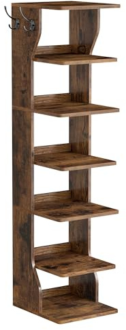 VASAGLE Slim Shoe Rack, Narrow Shoe Storage Organiser, 7-Tier Shoe Stand, for Small Spaces, Hallway, Cloakroom, Rustic Brown LBS200KD01