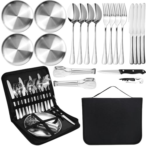 MORAINJAY Silver Camping Cutlery Set for 4 Person,20P Portable Tableware Set for Hiking,Food-Grade Stainless Steel Picnic Utensils Set with Spoons Forks Knife Clip Plate,Case with Zipper