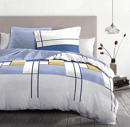 Set di Biancheria da Letto 140x200 cm – 2 pezzi – Percalle di Cotone Morbida – Copripiumino + Federa – Bianco & Blu Indigo – Modello L'intrigante