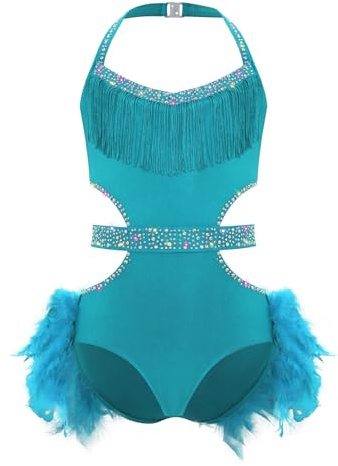 Yihuimin Vestido de baile latino niña sin mangas plumas traje de ballet con flecos patinaje artístico traje jazz chacha ropa de baile competiciones actuación escenario, turquesa, 170