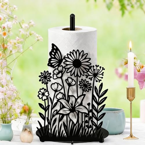 Yiyiring Wildflower Kitchen Countertop Paper Towel Holder Decorative Paper Towel Holder Black Metal Tissue Stand Kitchen Decor Accessories for Home Party Bathroom Countertop Dining Table