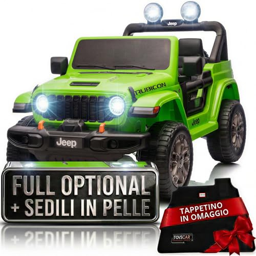 TOYSCAR Auto Elettrica per Bambini Jeep Wrangler Rubicon 2026 12V Fuoristrada Full Optional con TAPPETINI 2 Posti SEDILI in Pelle Porte Apribili Doppio Motore (Verde)