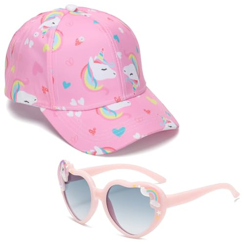 Licorne Casquette de Baseball Enfant, 2PCS Licorne Casquette avec Lunettes de Soleil Chapeau de Soleil Réglable Casquettes Été Casquettes Visière Chapeau de Golf pour Sport Vacance