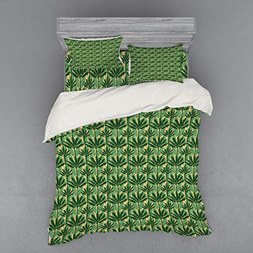 Ambesonne Banana Leaf Bedding Set, Overlapping Windmill Palm Trees and Leaves Pattern, 4 Piece Duvet Cover Set with Shams and Fitted Sheet, Queen Size, Pale Yellow Jade Green