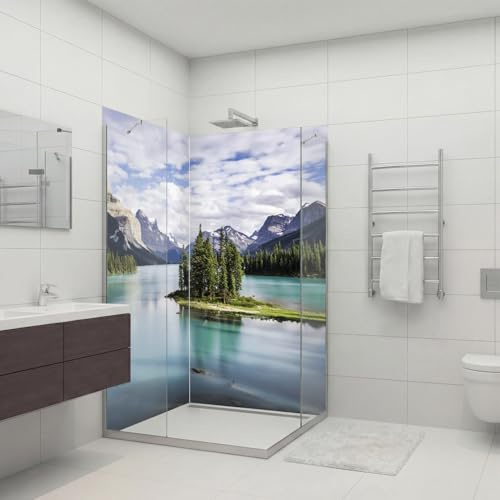 dedeco Pannello posteriore doccia angolare impermeabile con motivo montagne V2 vernice UV lucida – 2 x 90 x 200 cm come parte posteriore del bagno per la sostituzione di piastrelle, parete decorativa,