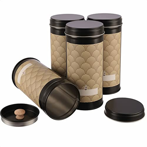 Dosenritter | 4 x schmale Teedose/Vorratsdose mit Aromaschutzdeckel für je 100g Tee, STAPELBAR inkl. 4 Art déco Klebeetiketten | 14 x 6,6cm (H,ø) | auch ideal als Gewürzdose