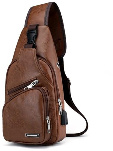 Aucuu Bolso de Pecho de Cuero PU para Hombres. Bandolera Retro Impermeable con Puertos USB. Bolso de Gran Capacidad para Negocios Senderismo Viajes
