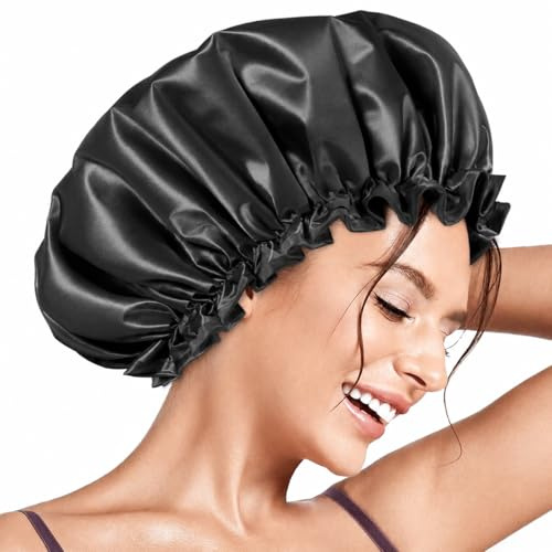 Aquior Shower Caps, Reusable Shower Cap for Women, Double Layer Waterproof Hair Cap, Large Size for All Hair Lengths,for Girls Spa Home Salon Use (Black)