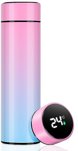 LUCKYKODOR Thermosflasche 500ML Thermoskanne Wasserflasche Vakuum Isolierbecher 304 Edelstahl LED-Touchscreen-Temperaturanzeige Smart Mug Trinkflasche für Home Büro Reise Sport (Blau-Rosa Farbverlauf)