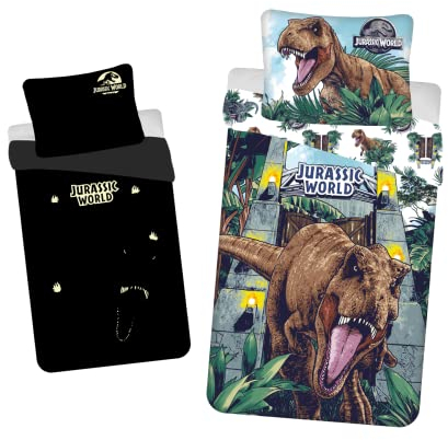 Jerry Fabrics Bettwäsche Dinosaurier Jurassic World, leuchtet im Dunkeln, Bettbezug 140 x 200 cm + Kissenbezug 70 x 90 cm, 100 % Baumwolle