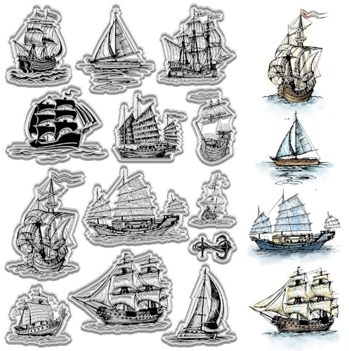 CRASPIRE Sellos Transparentes de Velero Sellos de Goma de Barco Vintage Tema Náutico Fondo Reutilizable de PVC Matasellos de Silicona Transparente Sellos para Diario Fabricación de Tarjetas Marco