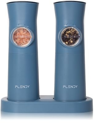 Flendy Gravity - Juego de molinillo eléctrico de sal y pimienta recargable, juego de molinillo automático de sal y pimienta con base de carga USB C, juego de salero y pimentero eléctrico (azul)