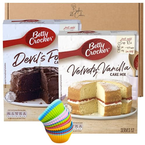 Instant Baking Bundle with Betty Crocker Chocolate & Vanilla Cake Mixes (425g Each) & 24 Silicone Cupcake Moulds