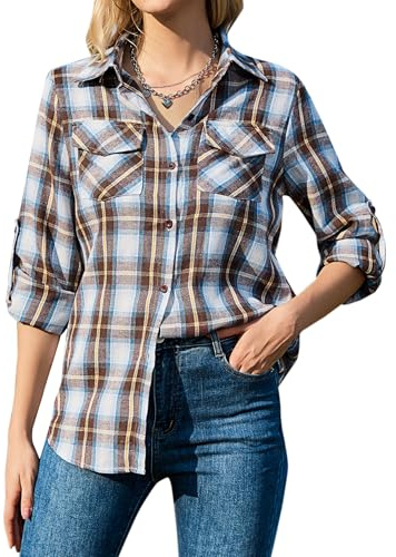 Aottori Camicia Donna a Quadri in Cotone Blusa Maniche Lunghe Camicetta Scozzese con Bottoni Camicie Flanella Classico Shirts Casual Blu Marrone M