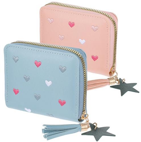 2 Stück Kindergeldbeutel Rosa Geldbeutel Mädchen Portmonee Kinder Blau Kleines Portemonnaie Geldbörse mit Quaste Reißverschluss PU Leder Herzen Stickerei Portemonnaie für Kinder Geburtstag Geschenk