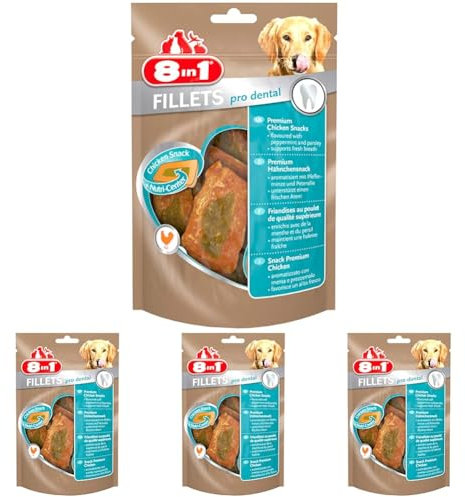 8in1 Fillets Pro Dental Hunde-Snack mit Hähnchen, funktionale Leckerlis für Hunde, unterstützt einen frischen Atem, 80 g Beutel (Packung mit 4)