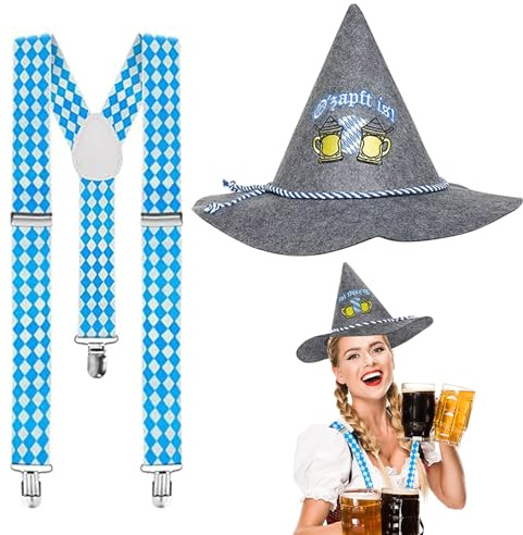 Oktoberfest Filzhut mit Hosenträger, Bayern Seppelhut, Bayerischer Hut, Trachtenhut für Bayrische, Oktoberfest Kostümzubehör, Bayernhut Aus Filz mit Blau Weißer Kordel, für Volksfest, Bierfest