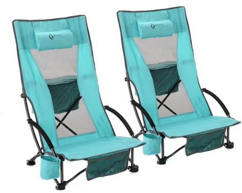 ARROWHEAD OUTDOOR 2-Pack Low Seating + 20° Reclining Folding Beach Chair w/Padded Headrest, Foam Armrest, Cup Holder, Carry Bag, 300 LBS Weight Capacity