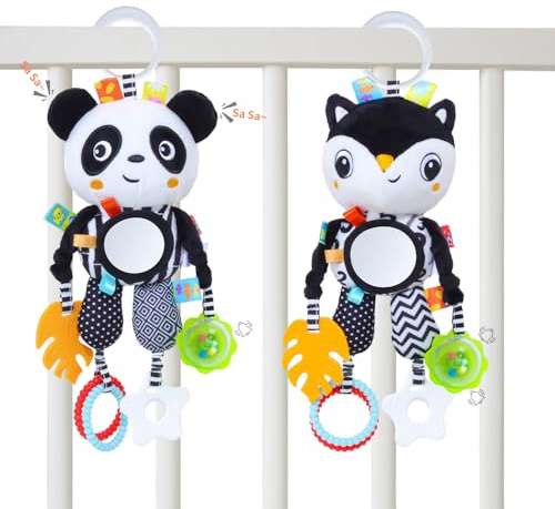MokukuToys Noir et Blanc Jouets Bébés,Peluche Animal Suspension Hochets Jouet,Bébés Jouet Sensoriel,Nouveau-nés Poussette Jouets Cadeau pour Garçons et Filles 0 3 6 9 12 Mois