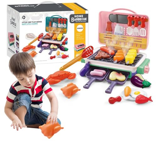 Gioco di Carne alla Griglia per Bambini, Set di Cucina Sensoriale con Fumo, Suono e Luce, Set di Cibo per Cucinare, Gioco di Ruolo per Cottura all'Aperto con Grill, Regalo per Bambini dai 4 agli 8