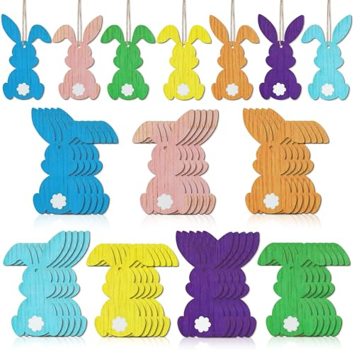 Detene 35 Piezas Colgante conejo Pascua madera, 7 Colores Pastel Multicolores, Adorno conejo madera Pascua con cuerda, Listo para colgar para Árbol de Pascua y Fiesta