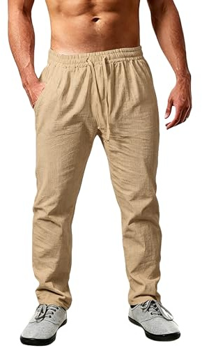 Cegerne Pantaloni in Lino Estivi Uomo Leggeri e Traspiranti, vestibilità Larga, Vita Elastica con Coulisse, Tinta Unita – Ideali per Estate, Vacanze e Spiaggia