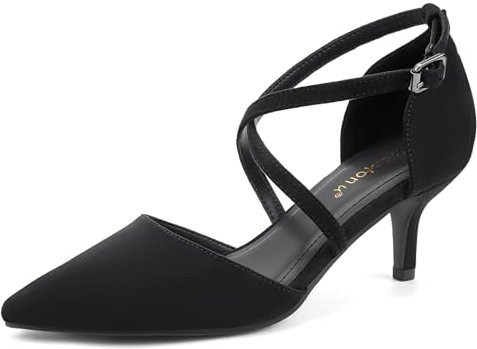 Greatonu Womens Ladies Pointed Toe Court Shoes Cross Strap Kitten Low Heel Wedding Party Bridal Pumps Black UK 7