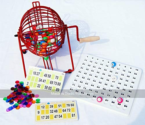 Masters Traditional Games Home Bingo Set - Metal Bingo Cage, 90 Balls, Tickets, Tray and Markers - Fun Home Party Bingo Game - 10 Players - Tombola Set