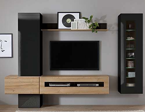 Wohnkombination Ruby III schwarz/Grandson Oak hell Dekor 280x200x38-48cm Wohnzimmermöbel Wohnzimmer Wohnzimmerschrank Stauraumelement Stauraum Größe ohne Beleuchtung