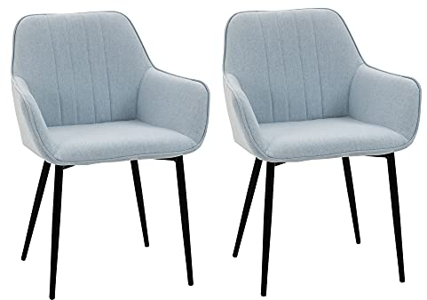 HOMCOM 2er Set Esszimmerstühle Essstühle Polsterstuhl mit atmungsaktivem Leinenbezug Wohnzimmerstuhl Sessel Küchenstuhl mit Rückenlehne Armlehne Leinen Blau 59,5 x 56,5 x 81 cm