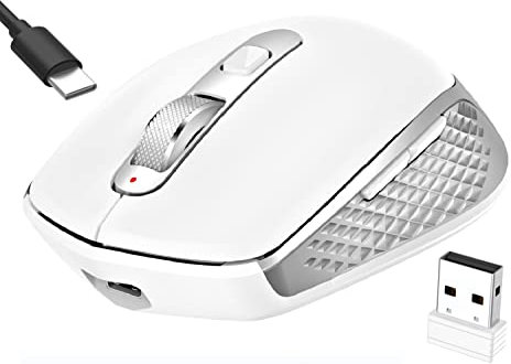 GALENMORO Bluetooth Mouse Rechargeable USB Wireless Mouse for Multiple Devices(BT5.0/3.0/2.4G), Cordless Ergonomic Silent Bluetooth Mice for Laptop Computer Tablet Windows Mac PC - White Silver