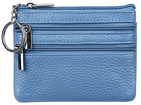 Cynure Women's Genuine Leather Coin Purse Mini Pouch Change Wallet with Keychain, Skyblue, One Size, Coin Purse