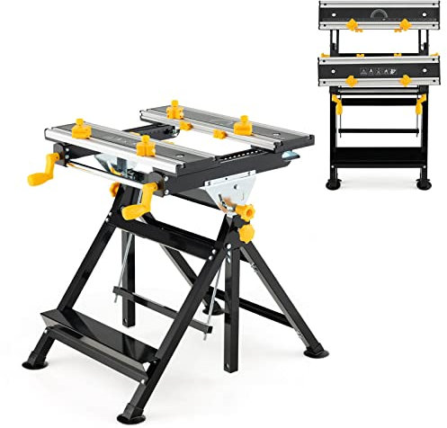 COSTWAY Folding Workbench, 7-Level Height Adjustment Work Table with 4-Position Tiltable Platform, 8 Sliding Clamps, Protractor & Ruler, Heavy Duty Metal Workstation Tool Stand (Yellow, 75x60x103cm)