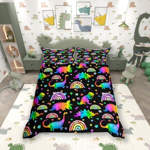 feelingyou Rainbow Dinosaur Bedding Set Single Size,Cartoon Cute Dino Wild Animal Duvet Cover for Kids Boys Bedroom Decor,Watercolor Flowers Floral Polyester Quilt Cover with 1 Pillowcases, 2 Pieces