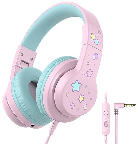 iClever Auriculares para niños con Volumen Seguro de 85/94 dB, HS19 Sonido estéreo sobre la Oreja para niñas y niños con micrófono, Auriculares Plegables con Cable de 3.5 mm para iPad/computadora