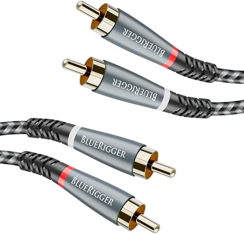 BlueRigger RCA Cable, 2M (2RCA Male to 2RCA Stereo Audio Cable, Braided, Gold Plated, Subwoofer)- Compatible with Home Theater, Amplifier, Hi-Fi System, HDTV, Car Audio, Turntable, Receiver, Speaker