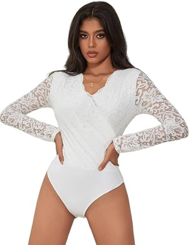 comeondear Sexy Body für Damen Große Größen Langarm Oberteile Spitze V-Ausschnitt Overall Bodysuit Curvy Spitzenbody Elegant Blusenbody Trachtenbody Party Tops Club mit Knöpfe(Weiß,M)