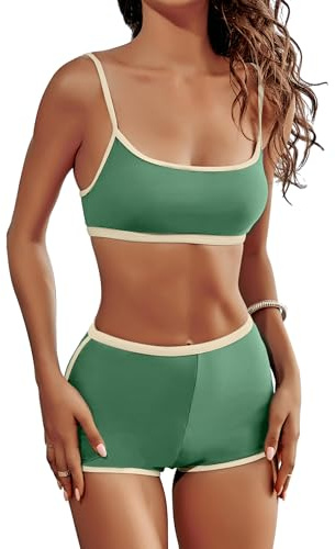 AngiMelo High Waisted Bikini Sets for Women Two Piece Tummy Control Swimsuits Modest Bathing Suit Shorts Swim Suits Teens