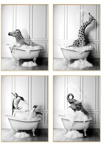 DEUXYU Set di 4 poster decorativi per il bagno, formato A4, formato A4, divertenti animali nella vasca da bagno, poster da parete, stampa artistica da parete, per bagno, 21 x 30 cm
